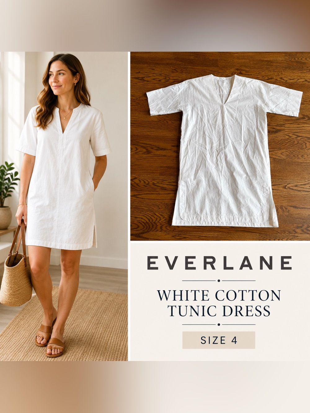 Everlane White Cotton V-Neck Tunic Dress Size 4 Minimalist Shift Dress